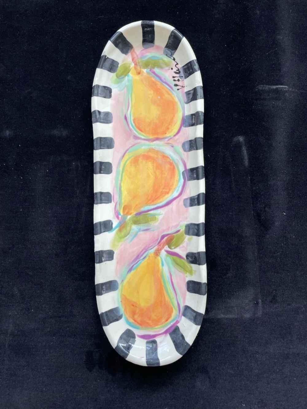 Handmade Ceramic Serving Tray Yellow Pears On Pink Original Design 15”x5.”